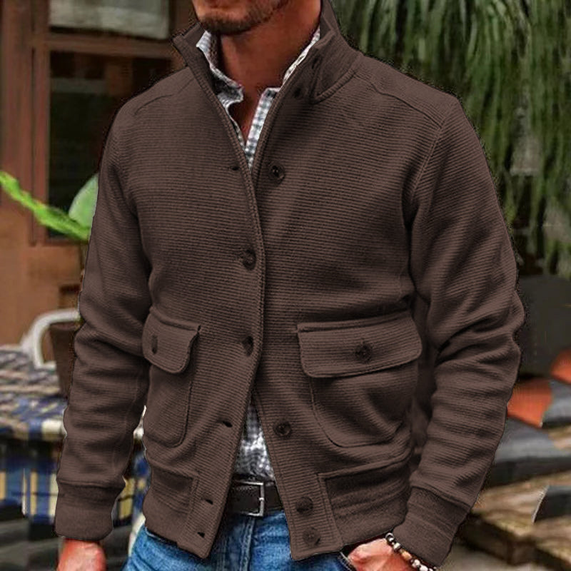 Men's Stand-Collar Jacket Button Pockets Polyester Long-Sleeve 4