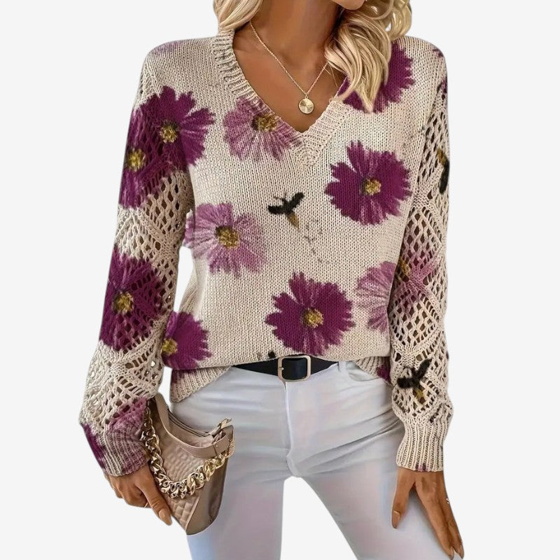Women's Floral Print V-Neck Long-Sleeve Polyester Sweater Purple