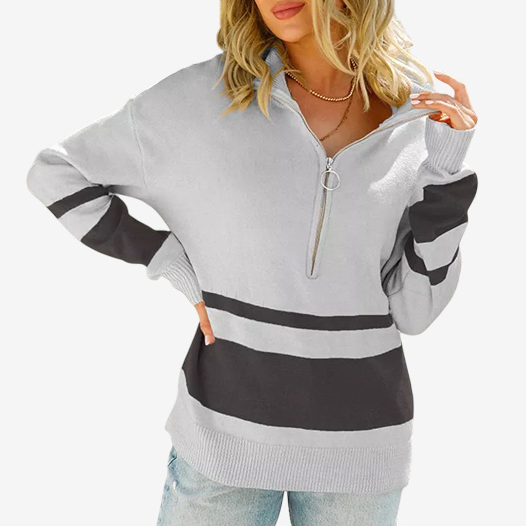 Women's Ribbed Half-Zip Sweater Long-Sleeve Polyester Gray