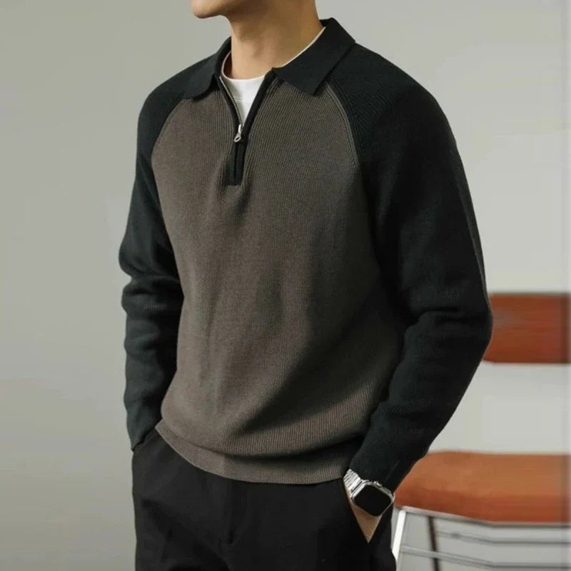Men's Polo-Collar Half-Zip Long-Sleeve Polyester Sweater 7