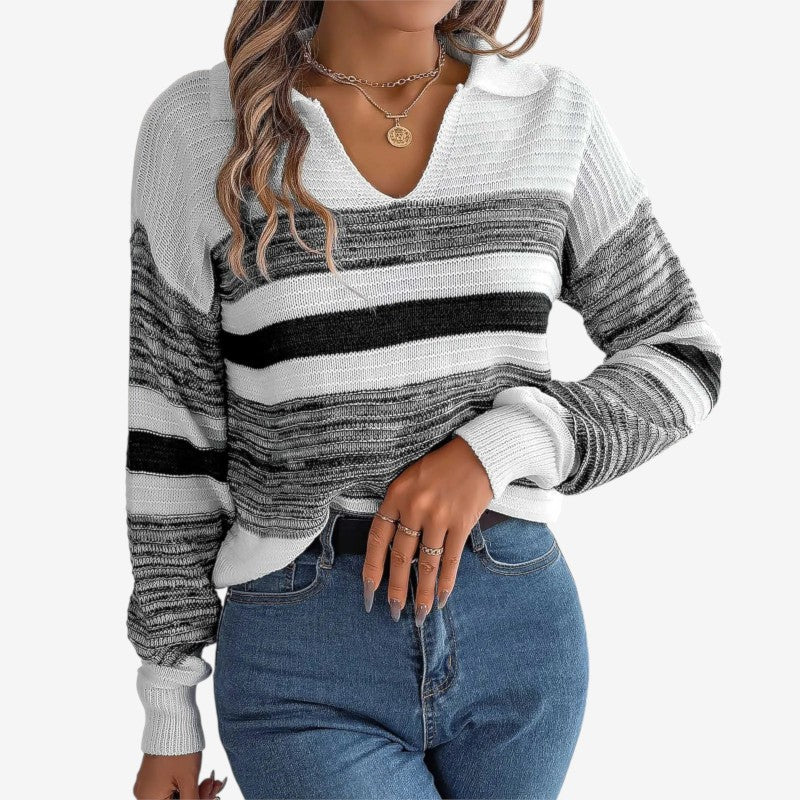 Women's Ribbed V-Neck Fold-Over Collar Long-Sleeve Sweater Gray