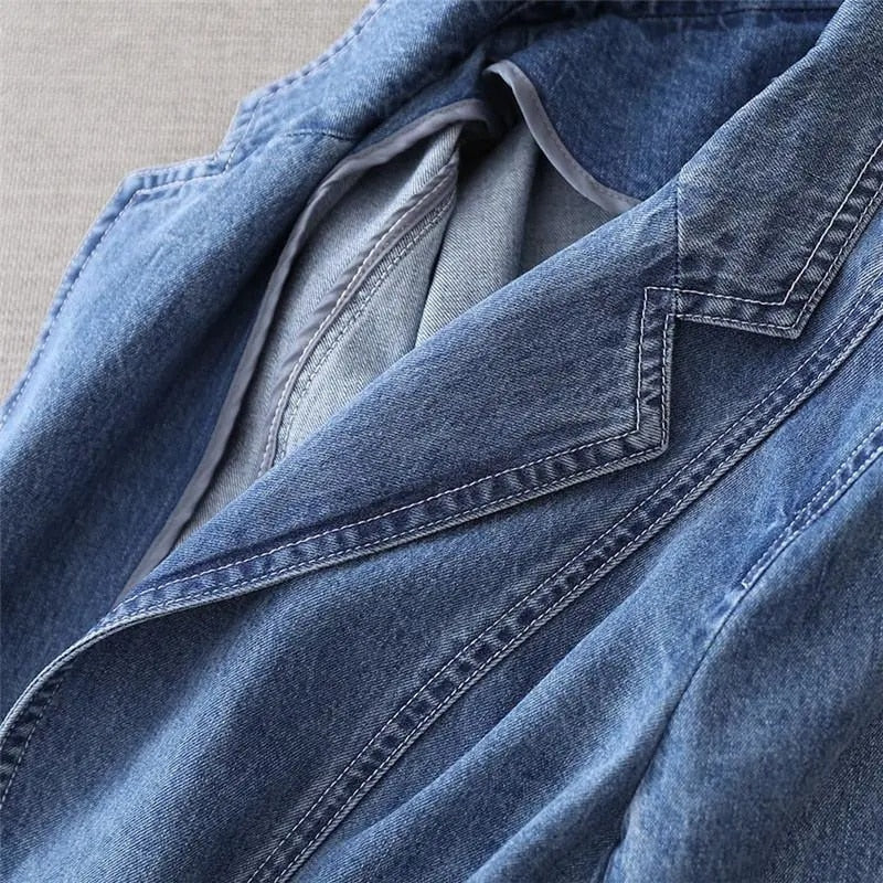 Women's Denim Blazer Notched Lapel Single-Button Fitted 3