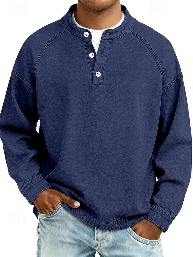 Men's Stand-Collar Button-Placket Sweater Relaxed Fit Royal Blue