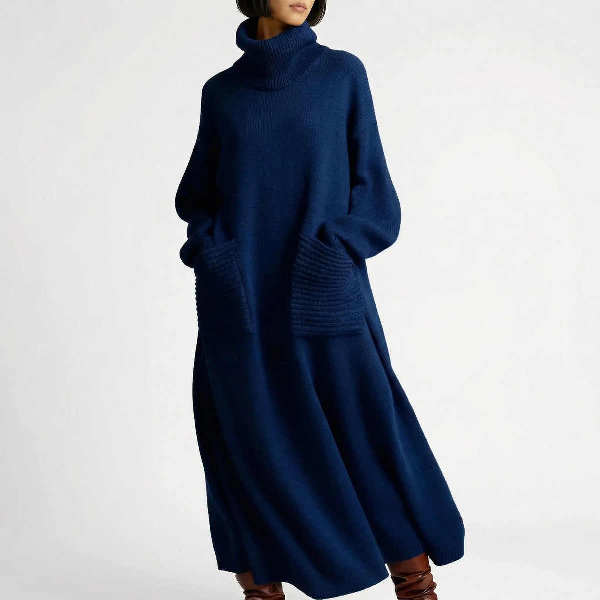 Women's Oversized Turtleneck Knit Maxi Winter Dress with Patch Pockets Edenforth