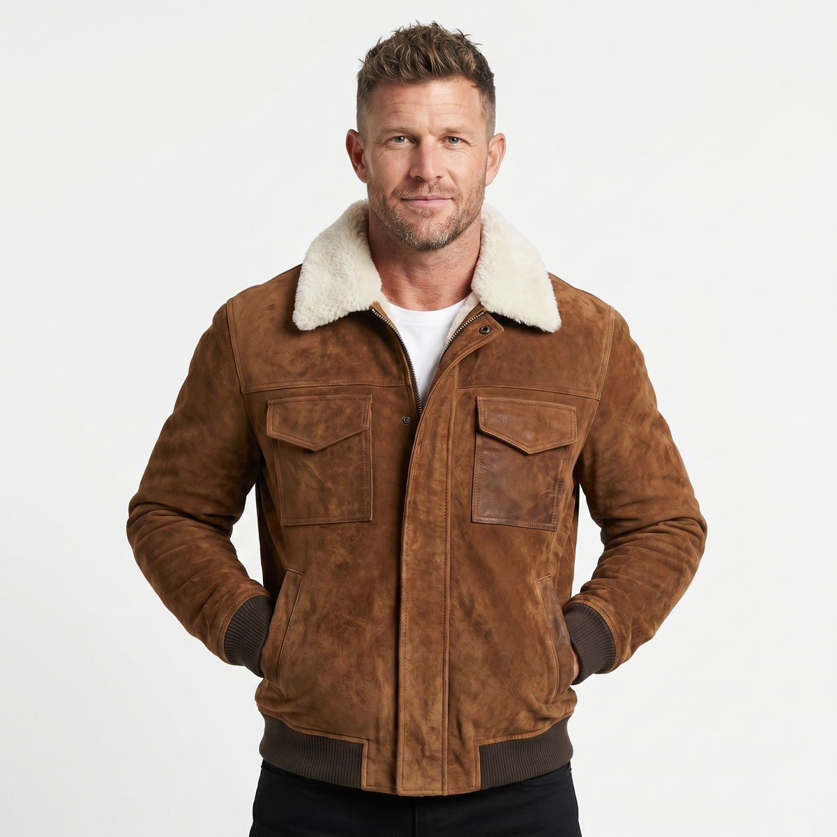 Men's Suede Leather Sherpa Collar Winter Bomber Fall Jacket Edenforth