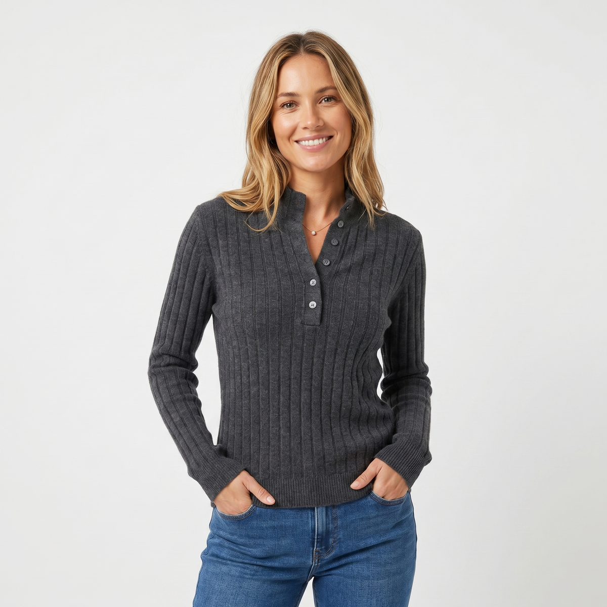 Women's Ribbed Knit Henley Stand Collar Long-Sleeve Winter Edenforth