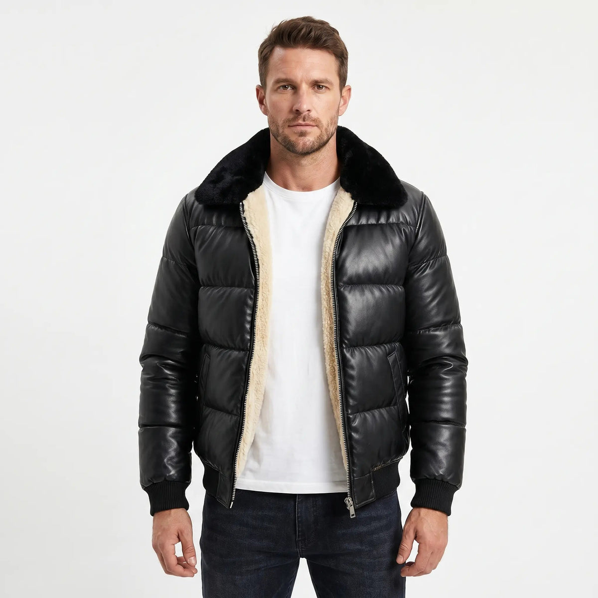 Men's Leather Jacket With Fur Inside Quilted Fall Bomber Edenforth