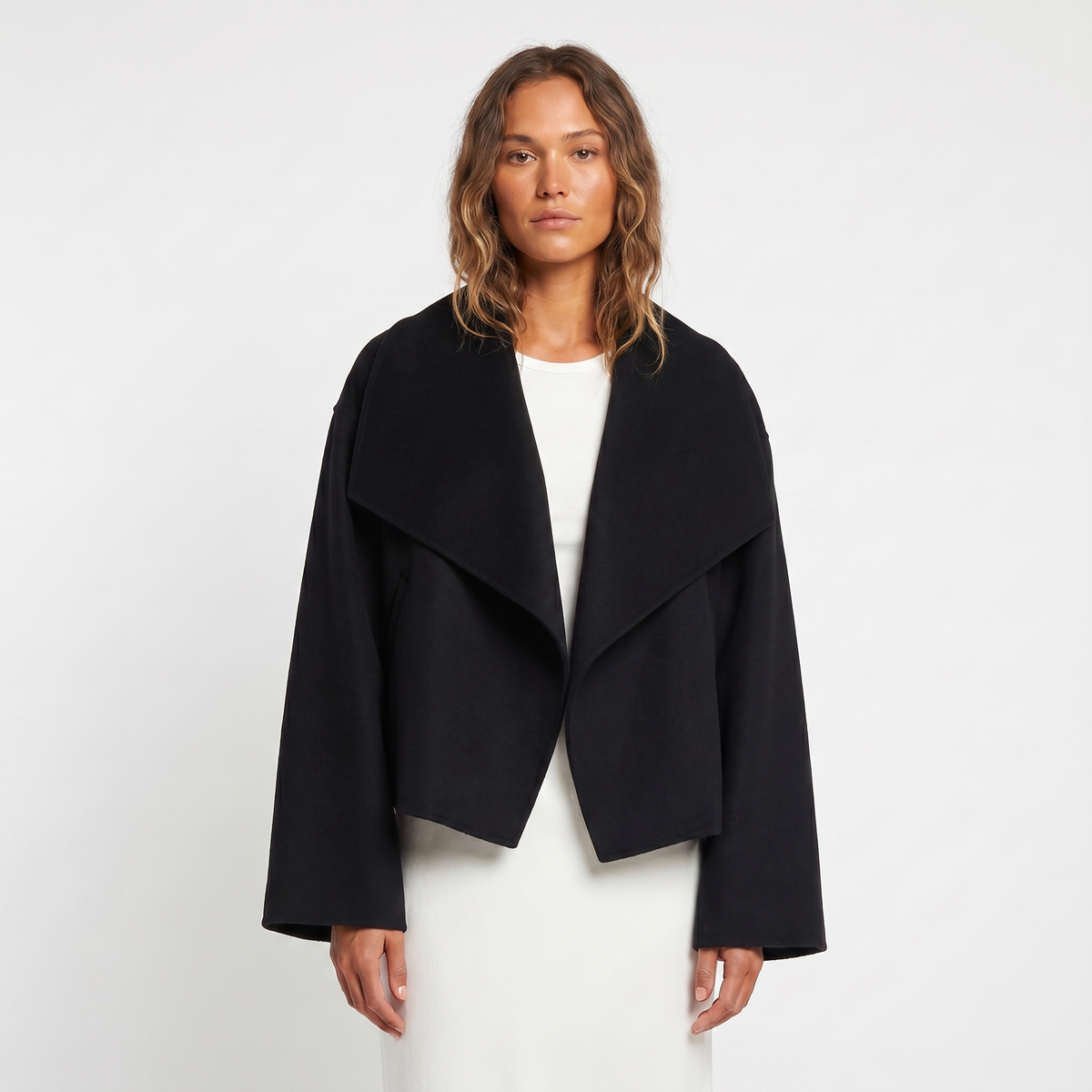 Women's Cropped Winter Coat Waterfall Lapel Wool-Look Boxy Open-Front Edenforth