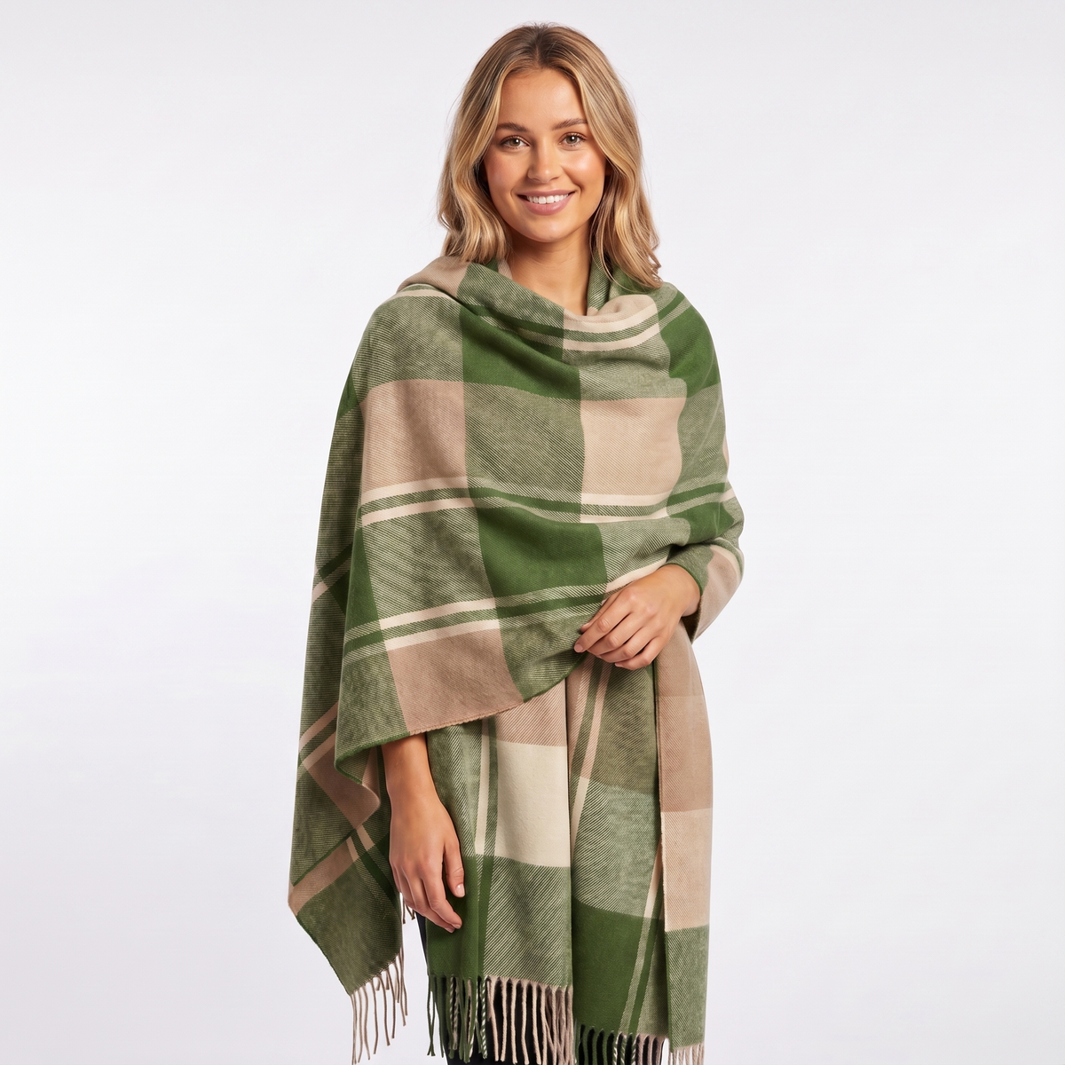 Women's Shawl Winter Scarf Oversized Check Blanket Fringe Wool-Look Edenforth