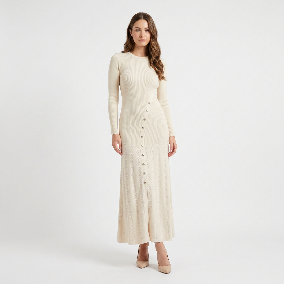 Women's Button-Down Long-Sleeve Dress Ribbed Knit Flare Maxi Silver Buttons Edenforth