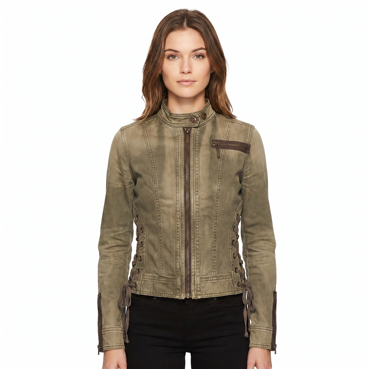 Women's Lace-Up Side Moto Jacket Zip-Up Stand Collar Military Biker Edenforth