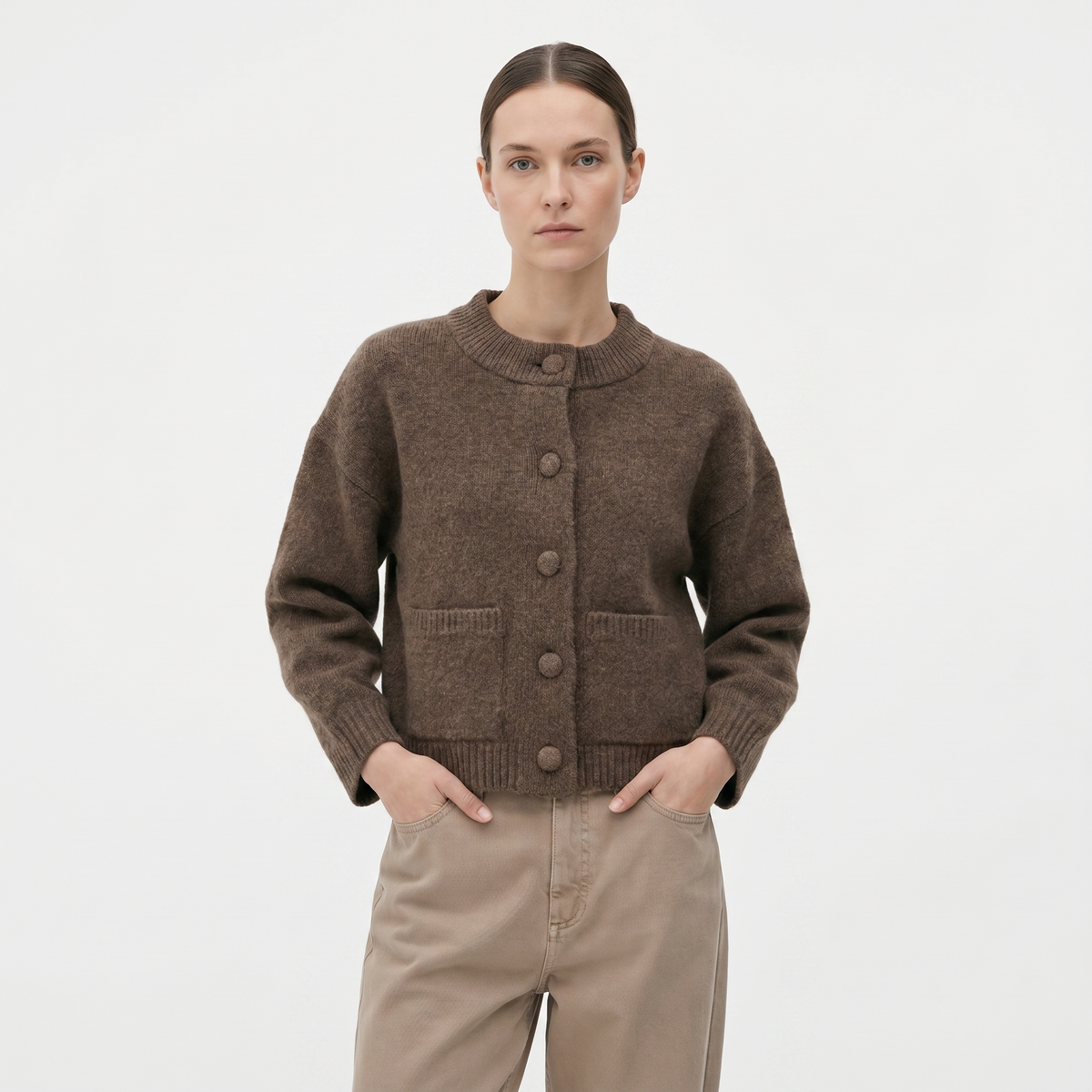Women's Cropped Wool Blend Cardigan Button Front Crew-Neck Patch Jacket Edenforth