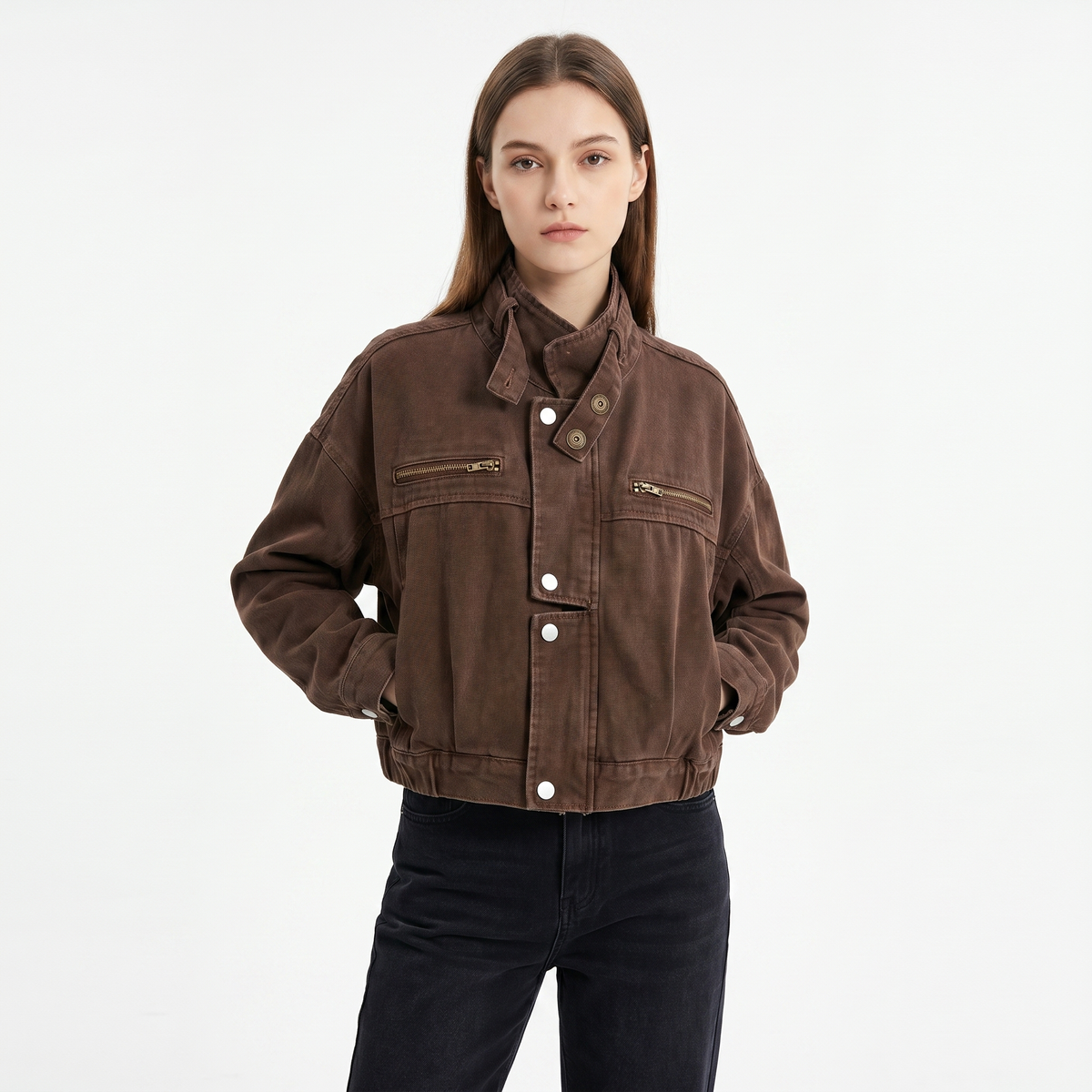 Women's Washed Cotton Utility Jacket Cropped Stand Collar Zip Snap Button Edenforth