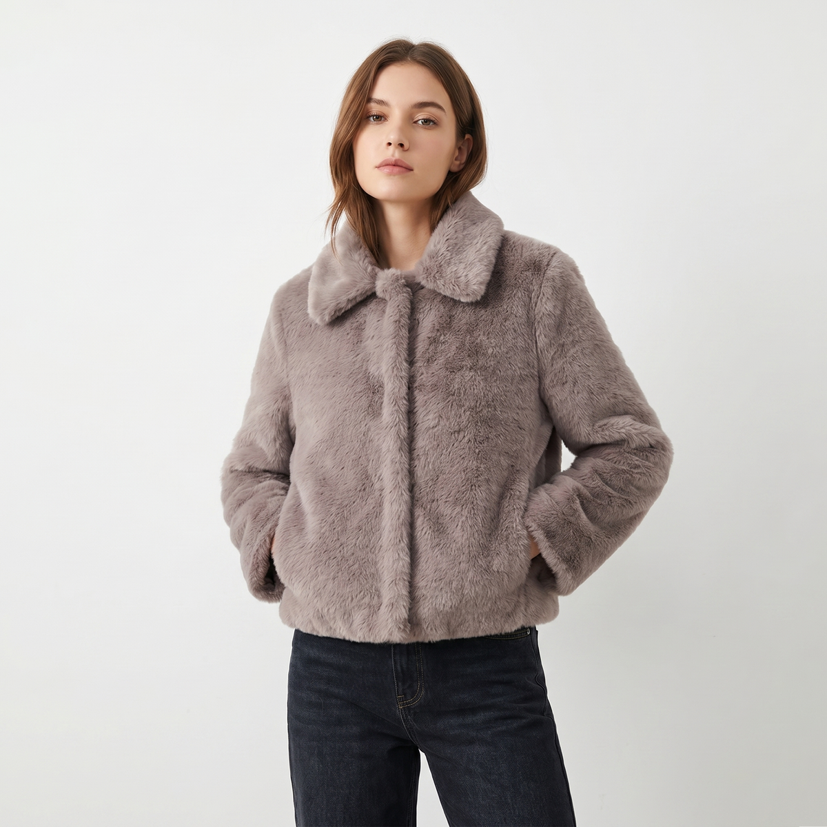 Women's Faux-Fur Jacket Cropped Open-Front Notch Collar Plush Winter Coat Edenforth