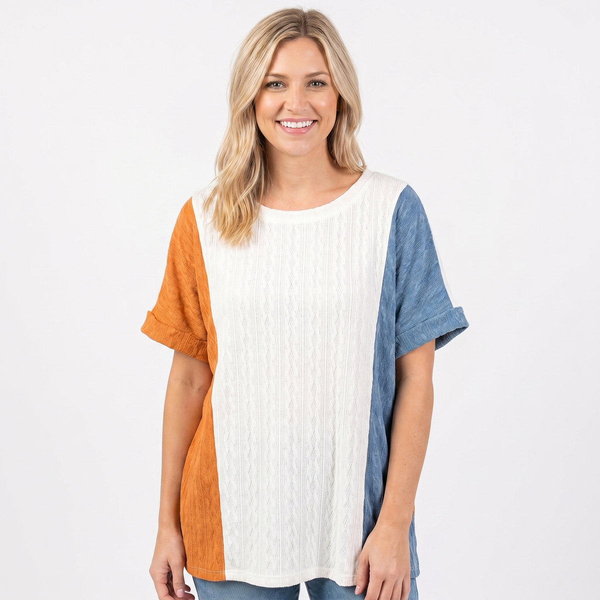 Women's Color Block Textured Knit Top Oversized Short-Sleeve Crew-Neck Tee Edenforth