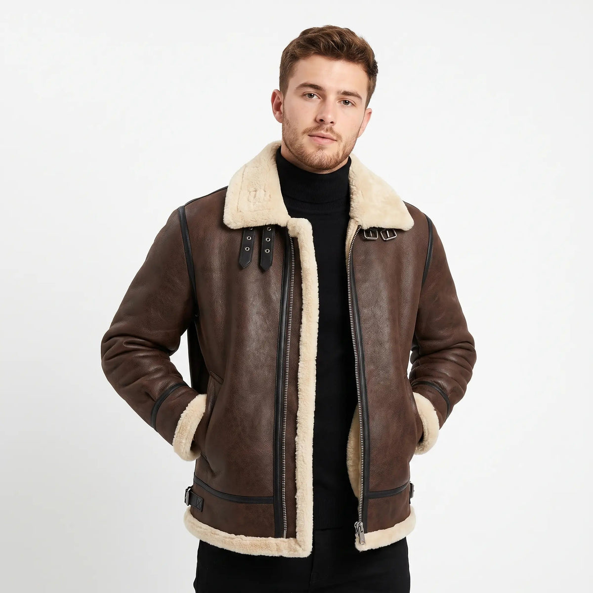 Men's Shearling Aviator Jacket Faux Leather B3 Style Sherpa Lined Coat Edenforth