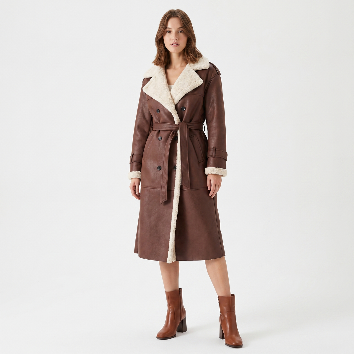 Women's Shearling Lined Double-Breasted Long Coat Faux Suede Teddy Jacket Edenforth