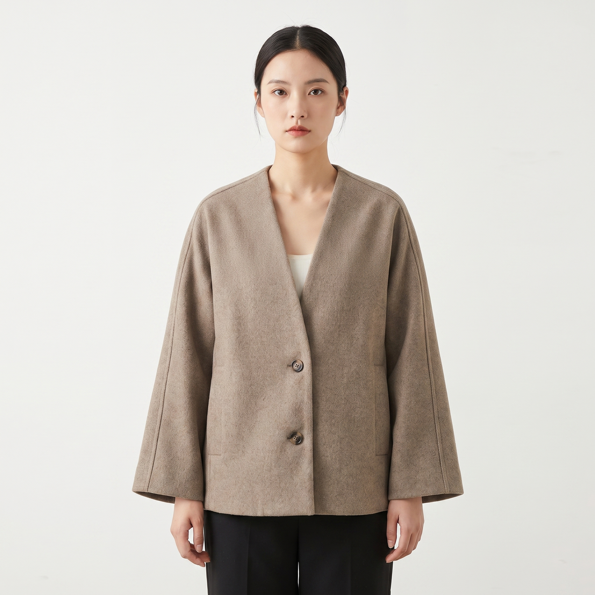 Women's Wool Blend Oversized Collarless Jacket Scarf Set Boxy Short Coat Edenforth
