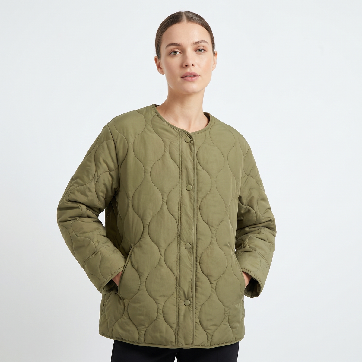 Women's Oversized Onion Quilted Jacket Collarless Snap Button Padded Coat Edenforth