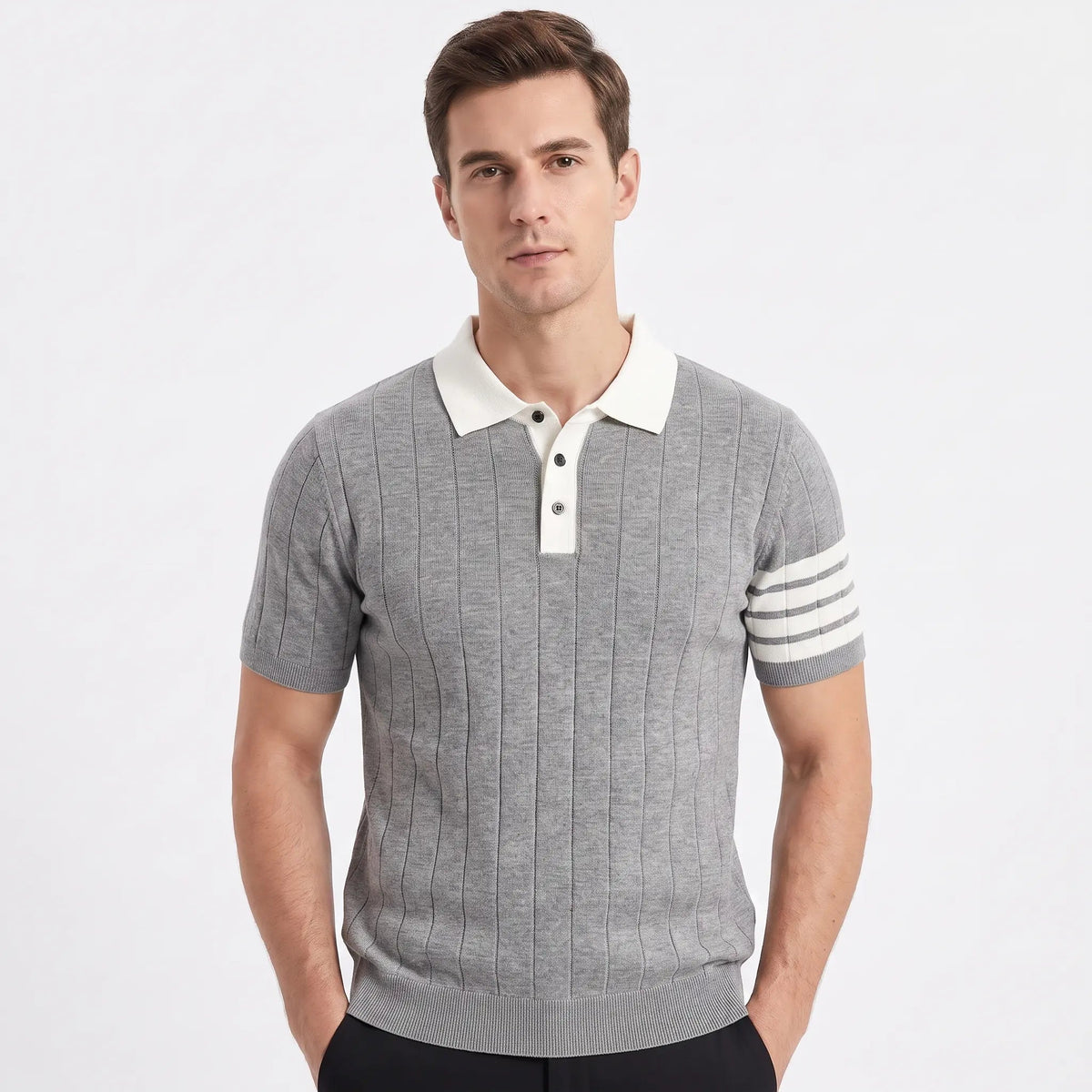 Men's Contrast Collar Knit Polo Shirt Short-Sleeve Stripe Detail Winter Top Edenforth