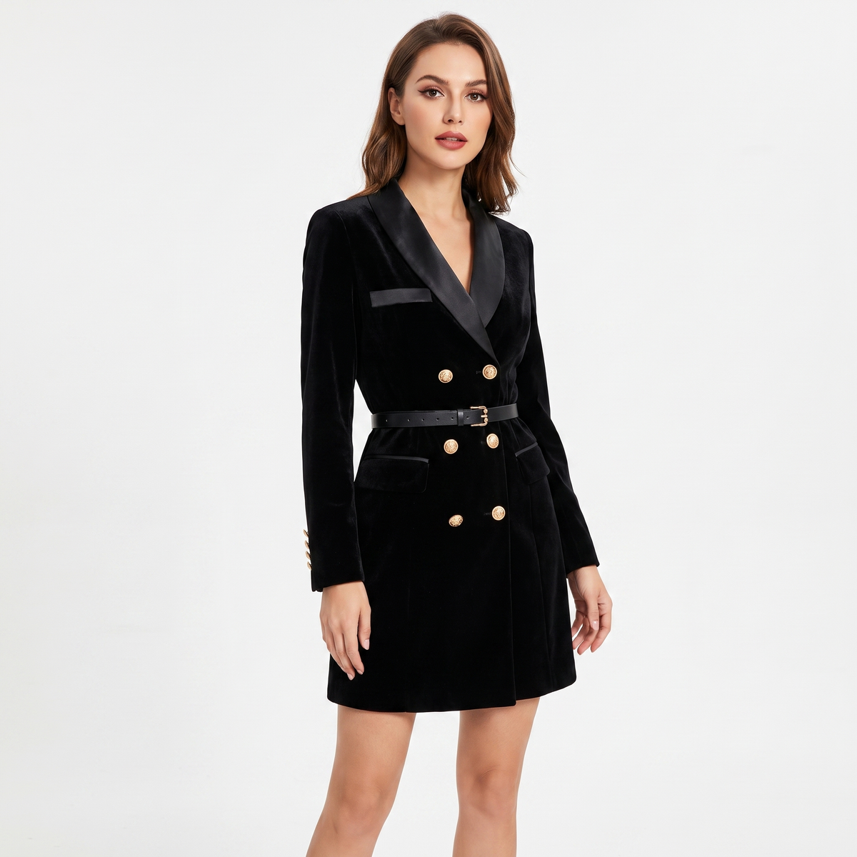 Women's Velvet Blazer Dress Double-Breasted Belted Mini Satin Lapel Edenforth