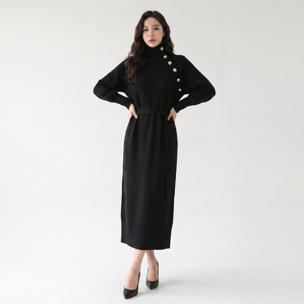 Women's Knit Sweater Midi Winter Dress Belted Asymmetric Collar Long-Sleeve Edenforth
