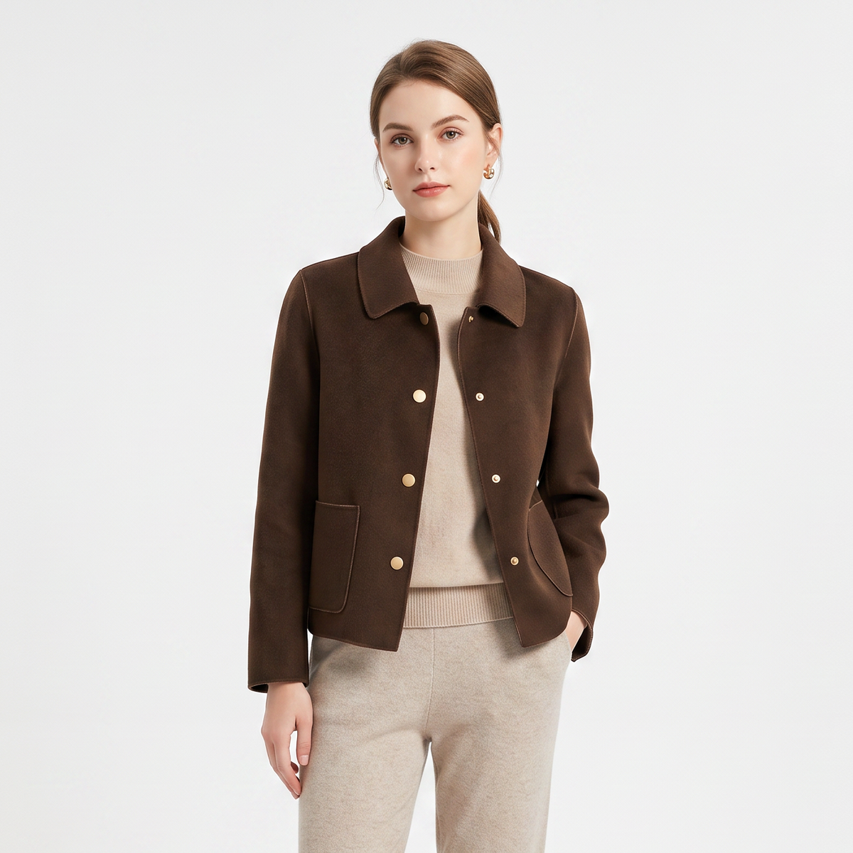 Women's Cropped Wool Blend Jacket Button-Front Notched Lapel Winter Coat Edenforth