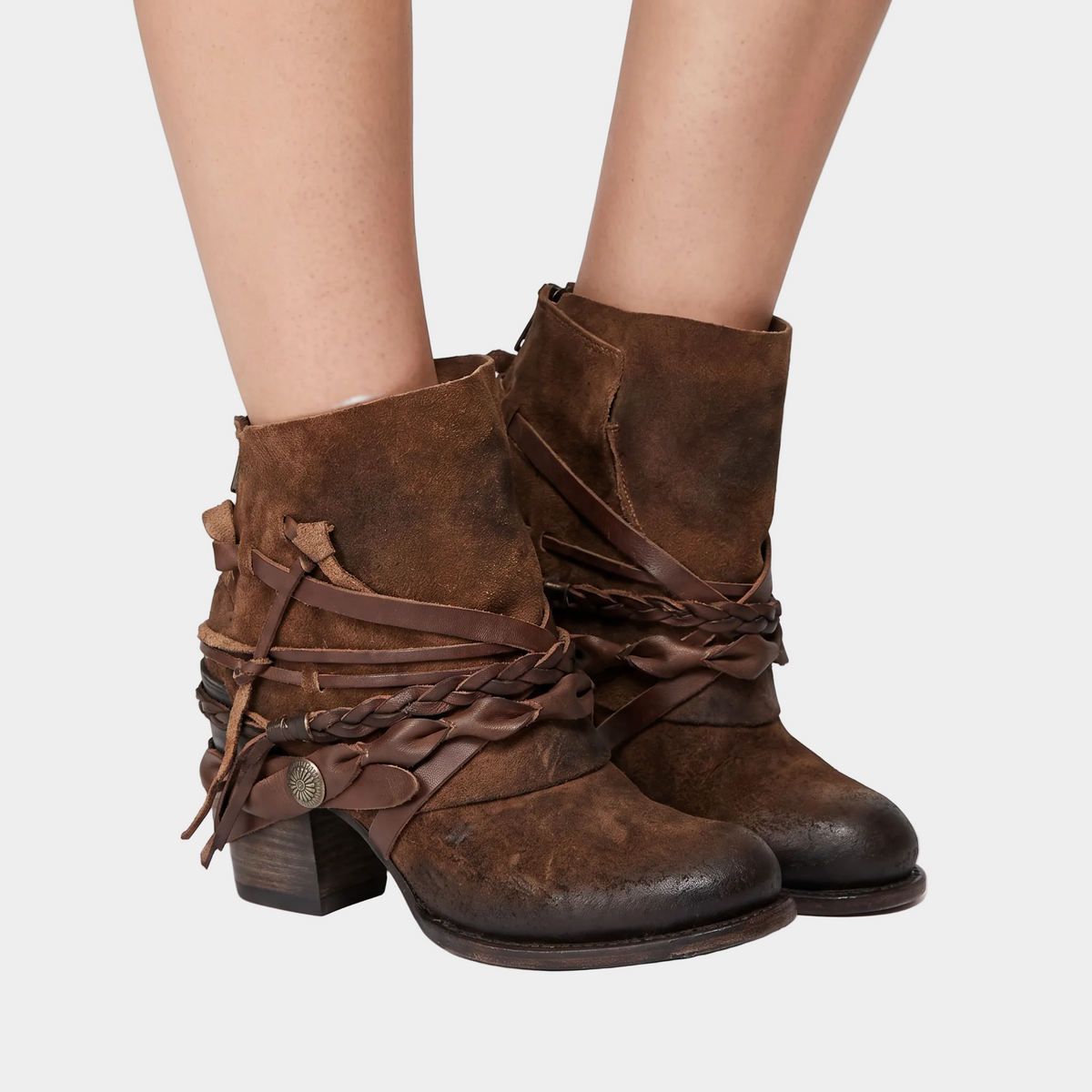 Women's Ankle Winter Boots Braided Strap Block Heel Vintage Leather Booties Edenforth