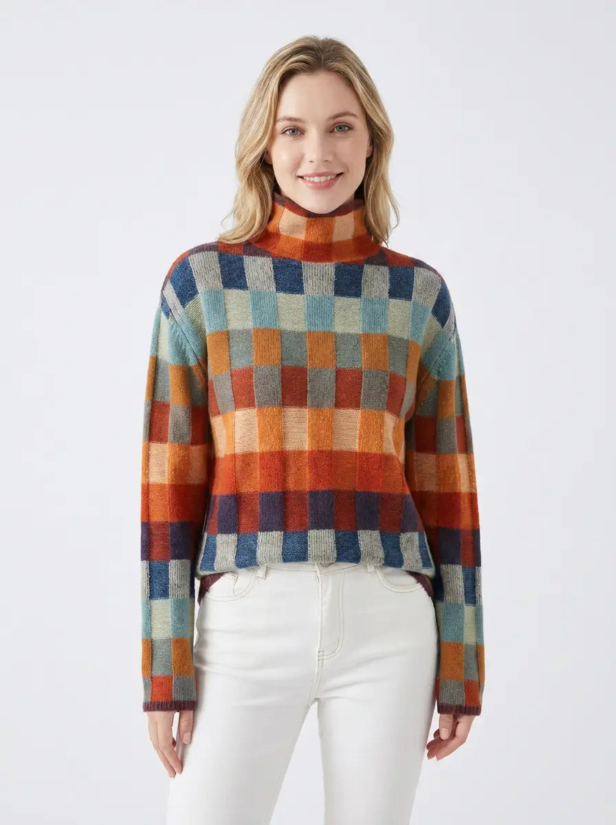 Women's Plaid Turtleneck Winter Sweater Long-Sleeve Knit Pullover Edenforth