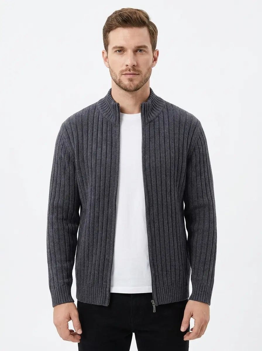 Men's Ribbed Knit Cardigan Full-Zip Stand Collar Sweater Winter Jacket Edenforth