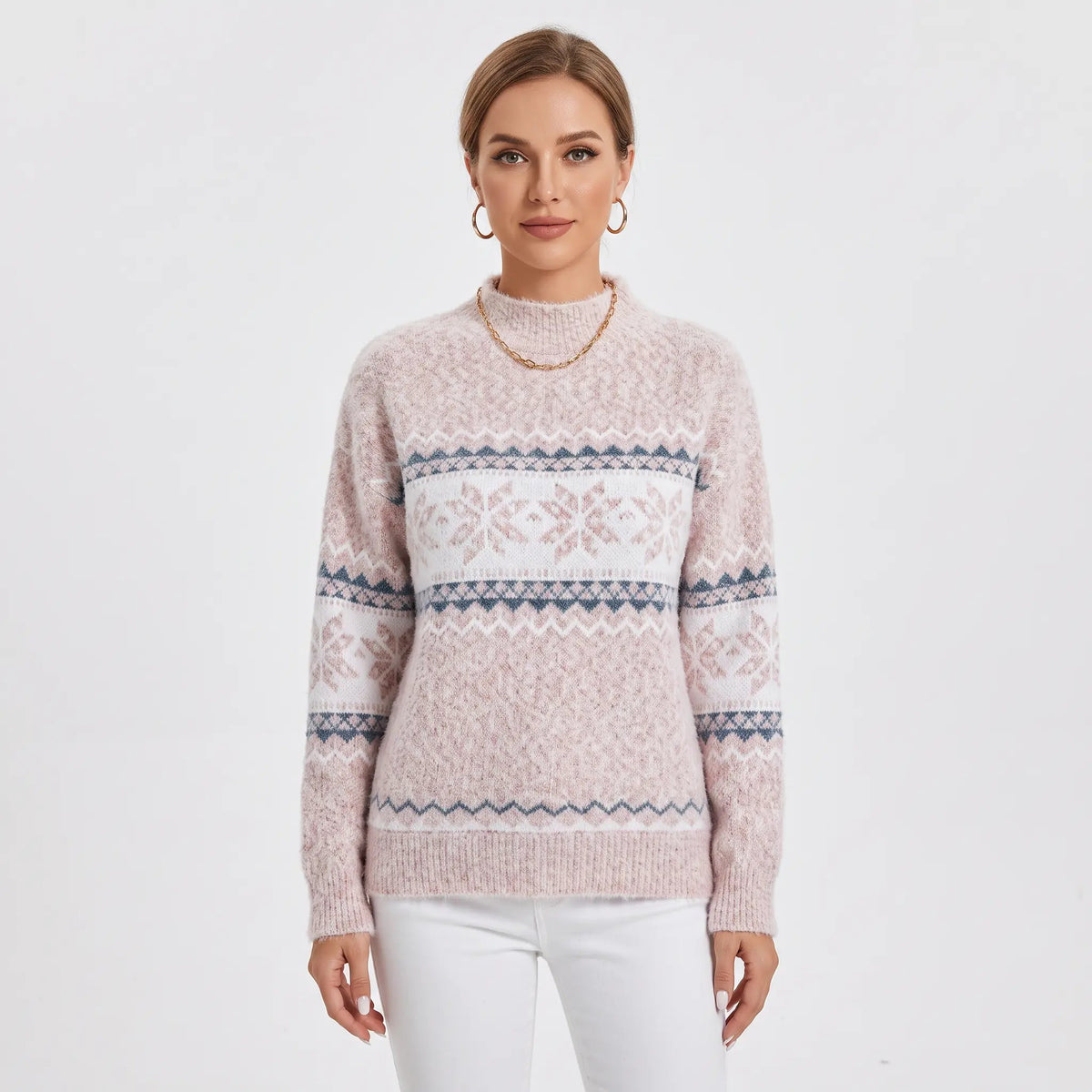 Women's Fair Isle Winter Sweater Snowflake Print Mock-Neck Knit Pullover Edenforth