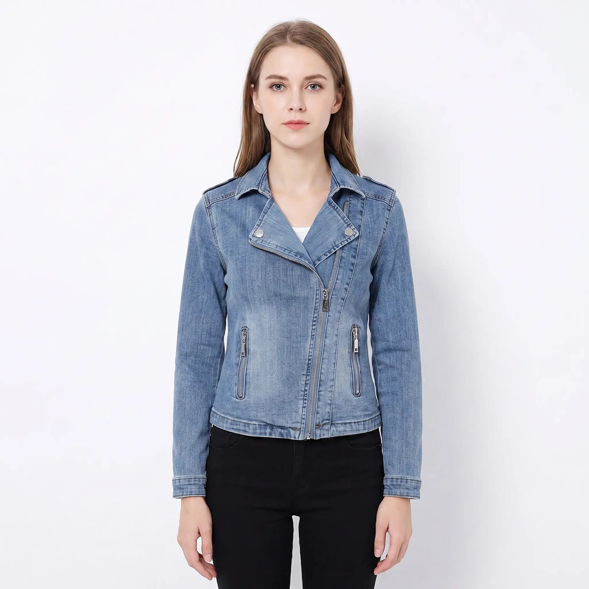 Women's Denim Moto Asymmetric Zip Cropped Biker Fall Jacket Edenforth