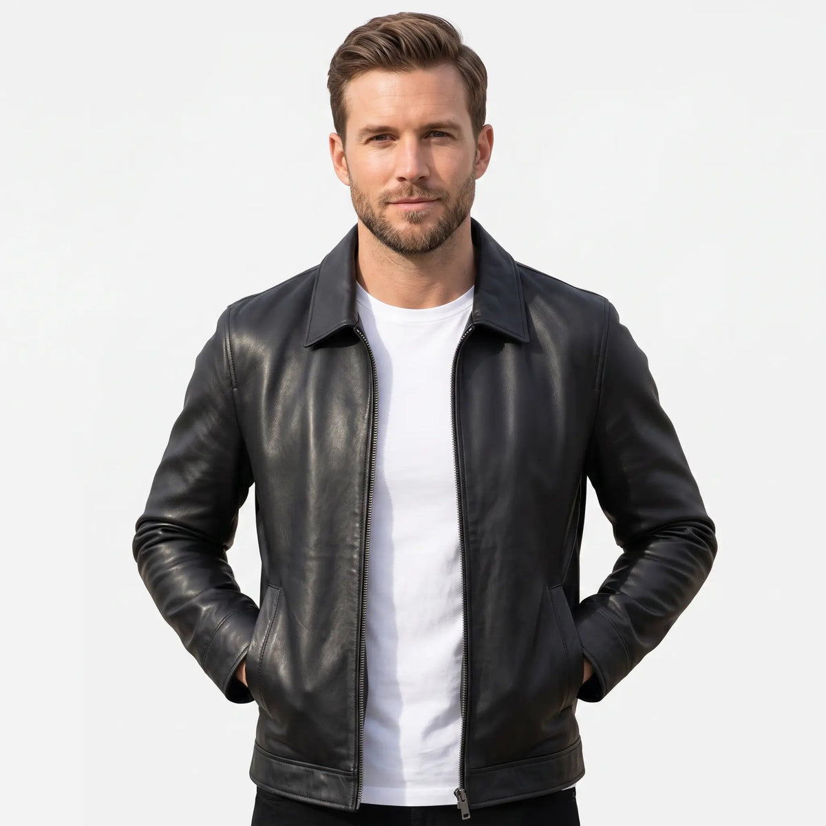 Men's Leather Jacket Collared Zip-Up Fall Coat Edenforth