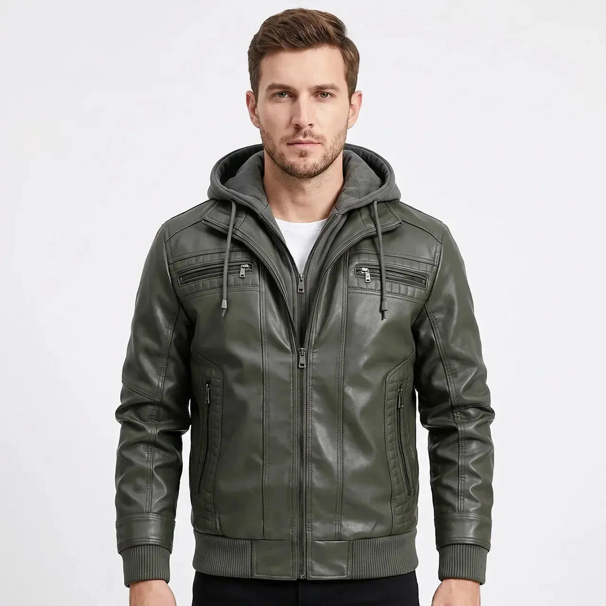 Men's Leather Removable Hood Zip-Up Moto Fall Jacket Edenforth