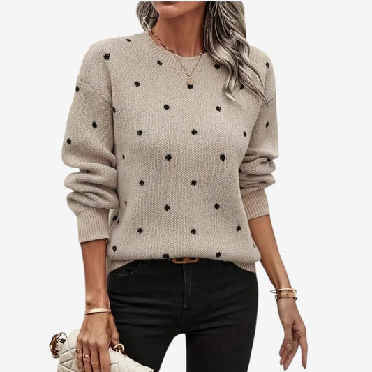 Women's Polka Dot Round-Neck Sweater Long-Sleeve Ribbed Trim Khaki