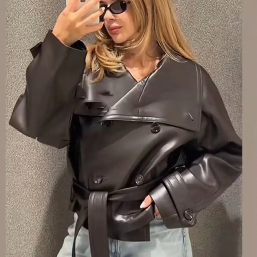 Women's Oversized Cropped Faux Leather Moto Biker Fall Jacket Edenforth