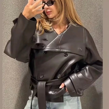 Women's Oversized Cropped Faux Leather Moto Biker Fall Jacket Edenforth