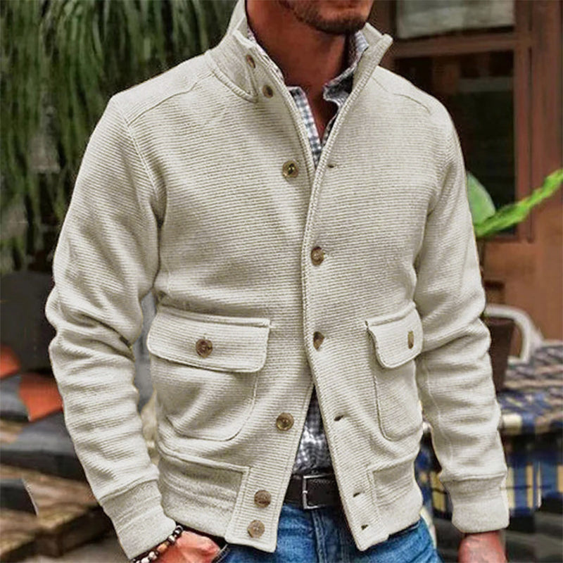 Men's Stand-Collar Jacket Button Pockets Polyester Long-Sleeve 1