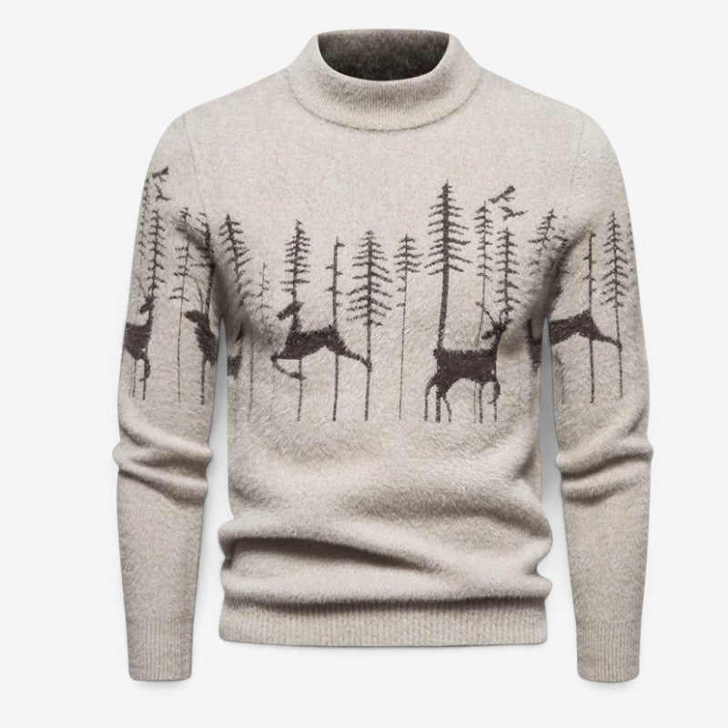Men's Festive Pattern Crewneck Sweater Long-Sleeve Knit Pullover Beige