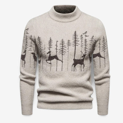 Men's Festive Pattern Crewneck Sweater Long-Sleeve Knit Pullover Beige