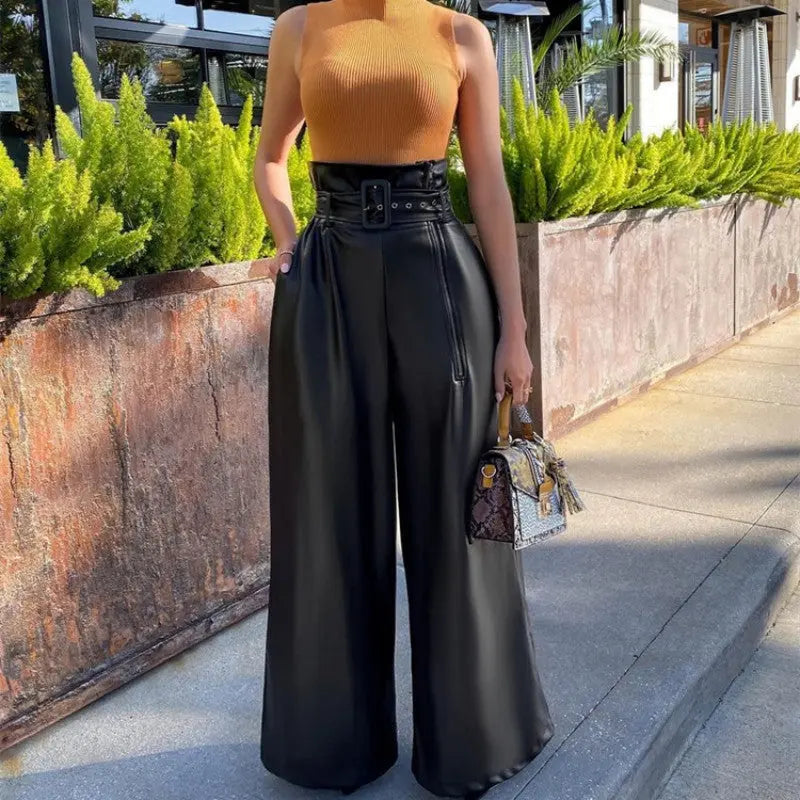 Women's High-Waist Corset Belted Faux Leather Wide-Leg Pants Edenforth