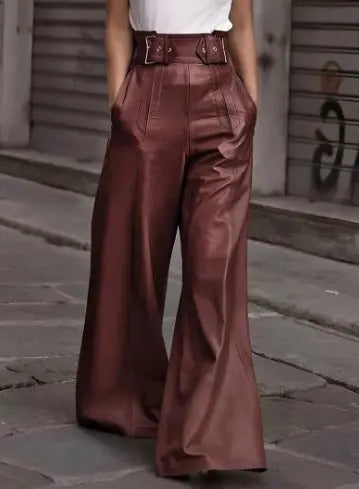 Women's High-Waist Belted Faux Leather Wide-Leg Pants Edenforth