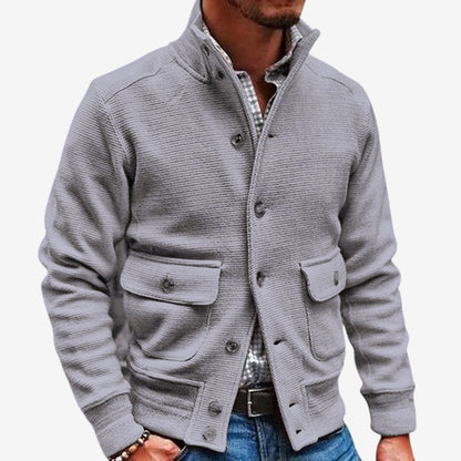 Men's Stand-Collar Jacket Button Pockets Polyester Long-Sleeve Gray