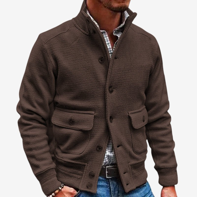 Men's Stand-Collar Jacket Button Pockets Polyester Long-Sleeve Brown