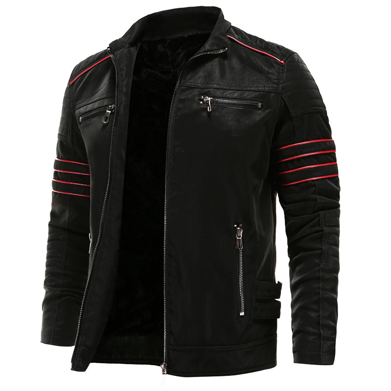 Men's Leather Zip Jacket Red Stripe Multi-Pocket Button Detail Black