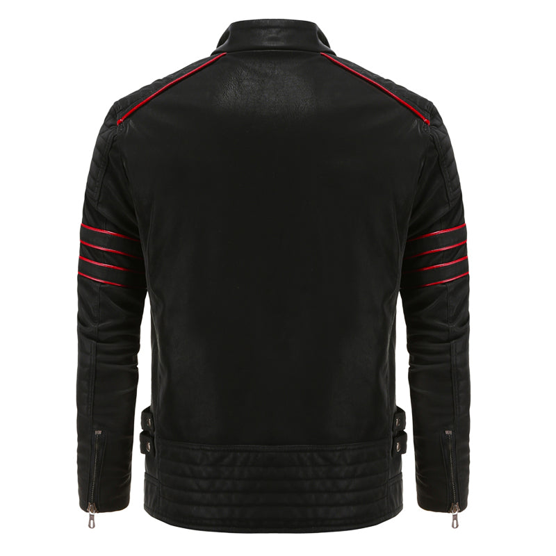 Men's Leather Zip Jacket Red Stripe Multi-Pocket Button Detail 1
