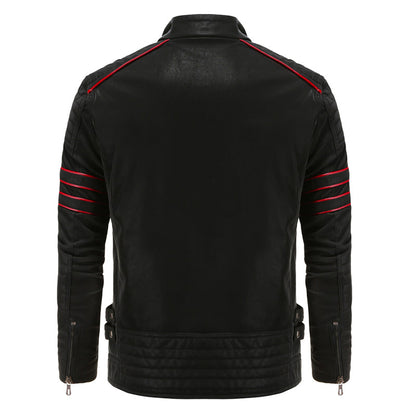 Men's Leather Zip Jacket Red Stripe Multi-Pocket Button Detail 1