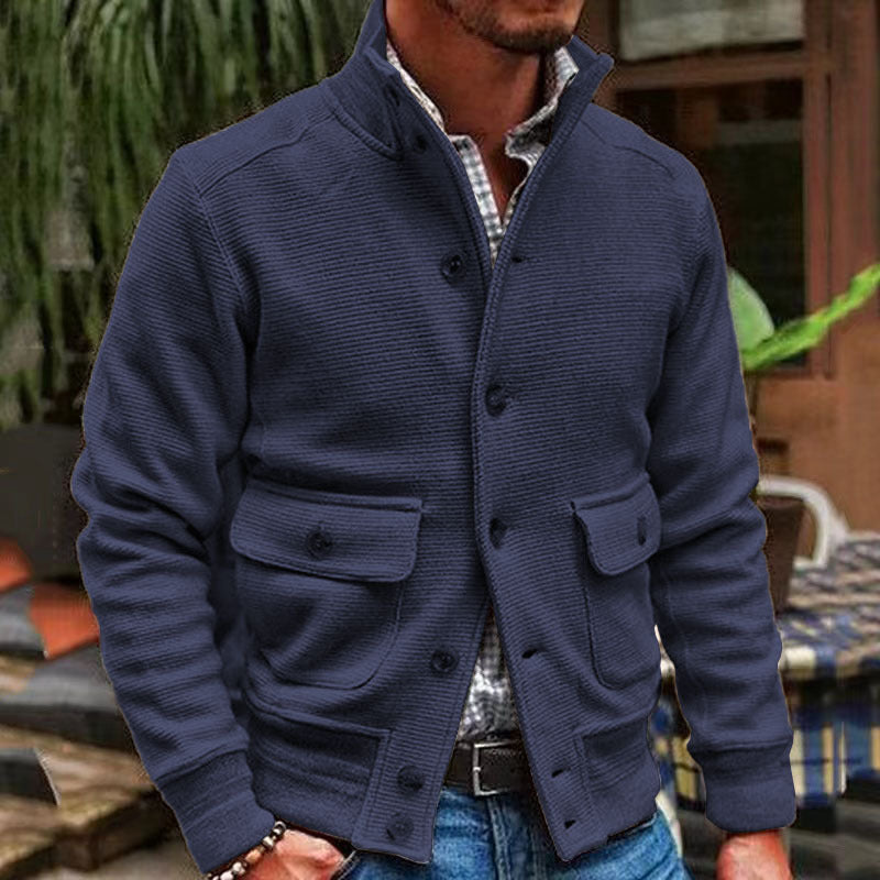 Men's Stand-Collar Jacket Button Pockets Polyester Long-Sleeve 2