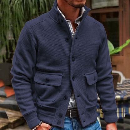 Men's Stand-Collar Jacket Button Pockets Polyester Long-Sleeve 2