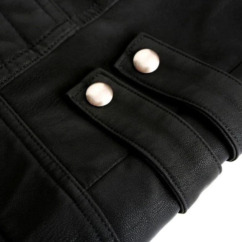 Men's Leather Zip Jacket Red Stripe Multi-Pocket Button Detail 3